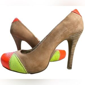Lovely People Vibrant Multi Color Neon Block Leather Pumps - 4 Inch heels